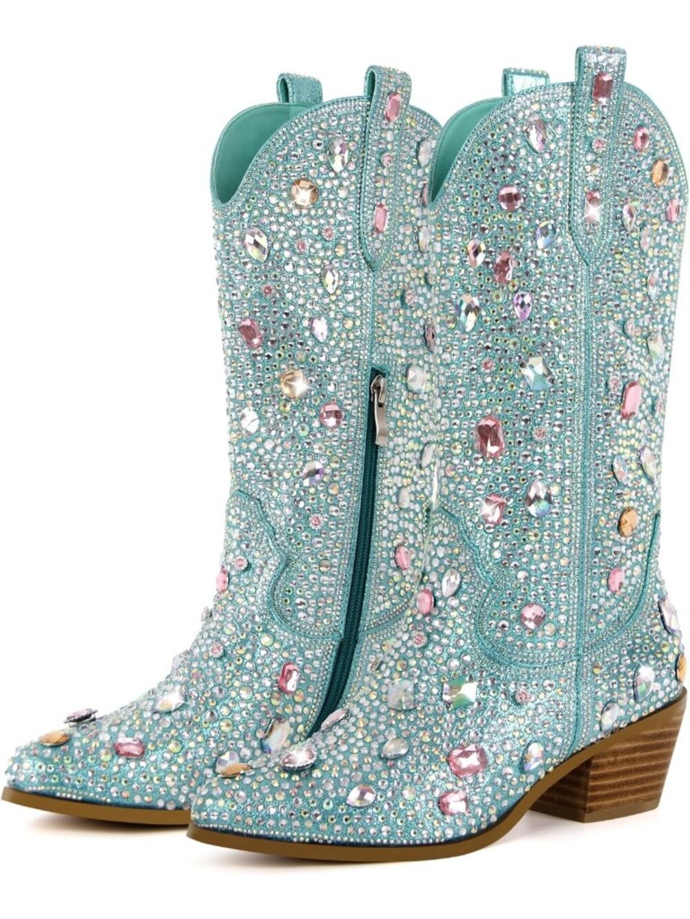 👢Women's Gem Turquoise Sparkly Rhinestones Cowgirl Style Boots Calf High Boots